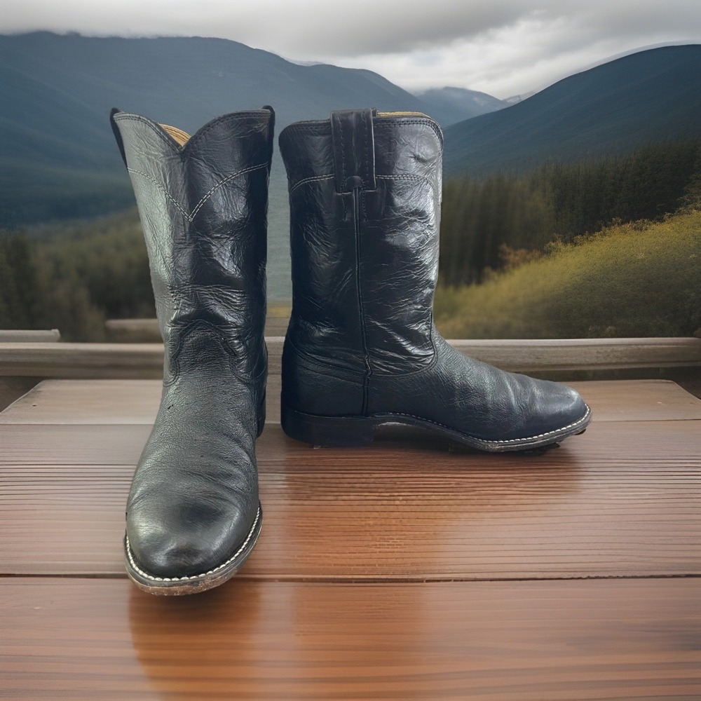 Vintage Larry Mahan Smooth Ostrich Roper Boots Mens 8.5 D Black Leather Western